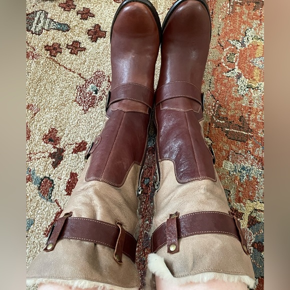 CHARLES DAVID Brown Tan Buckle Moto Sherpa Lined Boots Size 37 US 6.5 - Picture 11 of 16